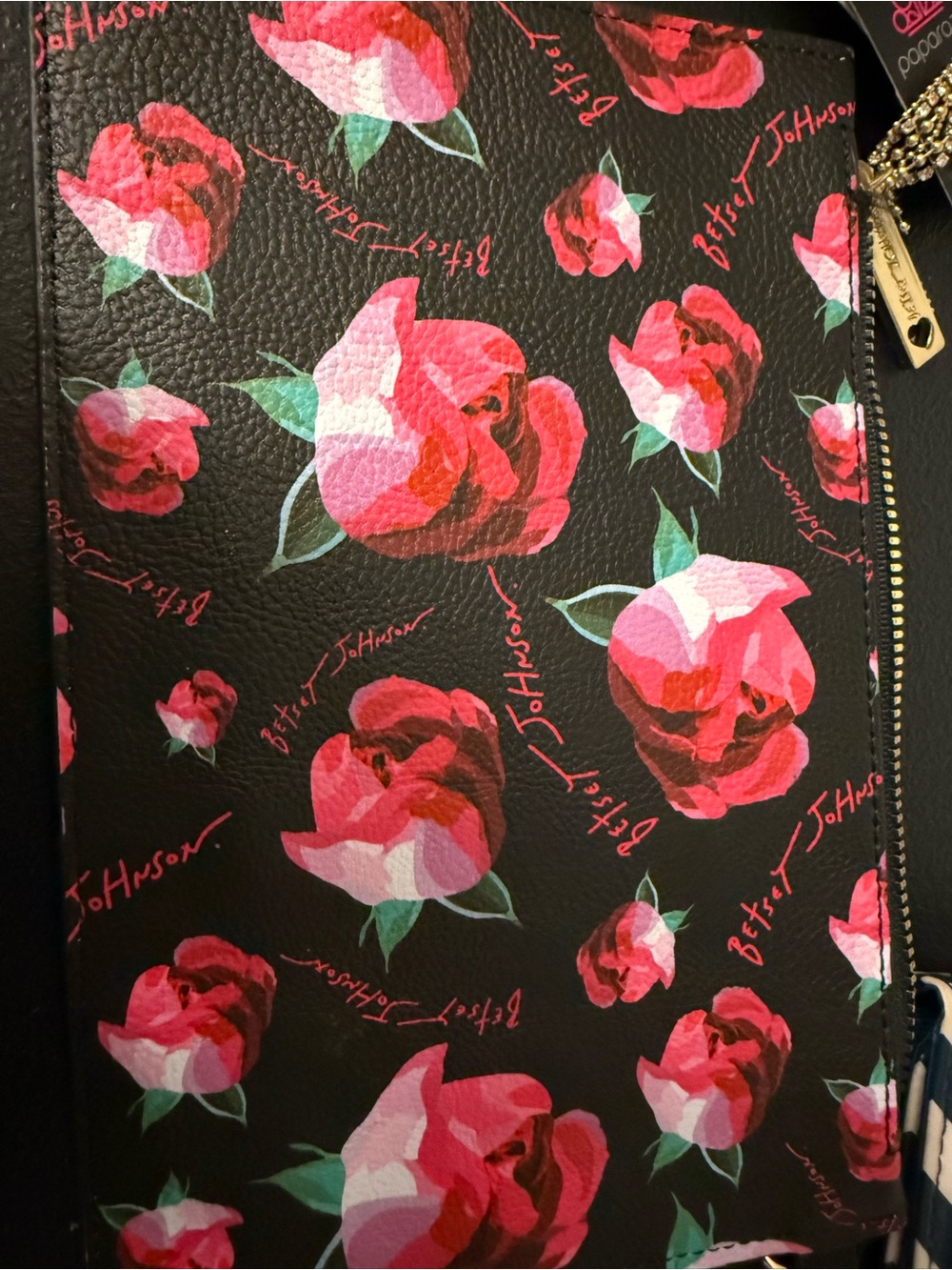 Betsey Johnson Black Wristlet Clutch with Pink Floral Print - Picture 6 of 7